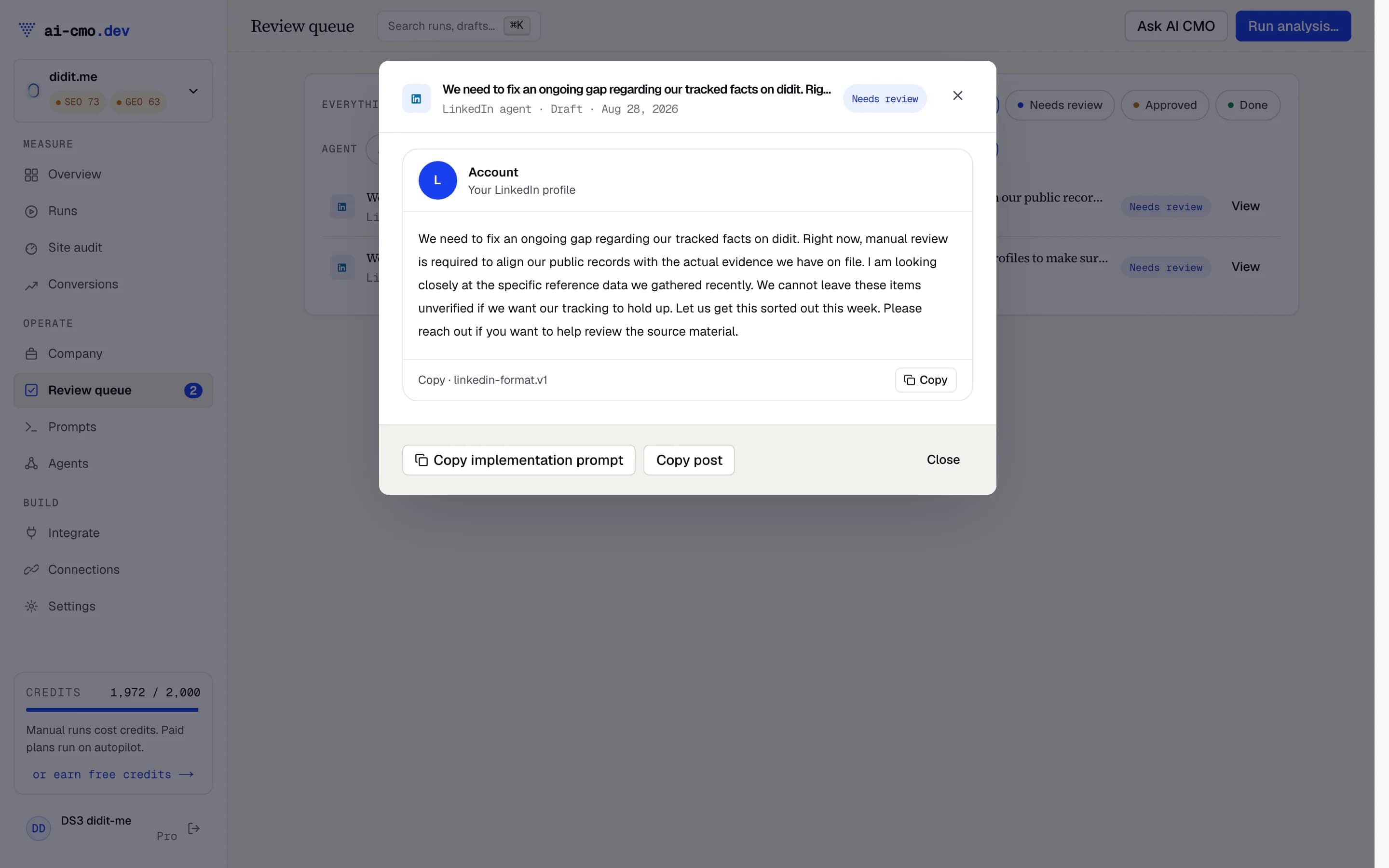 A LinkedIn founder post draft for ai-cmo.dev, linked to the shipped fix it describes