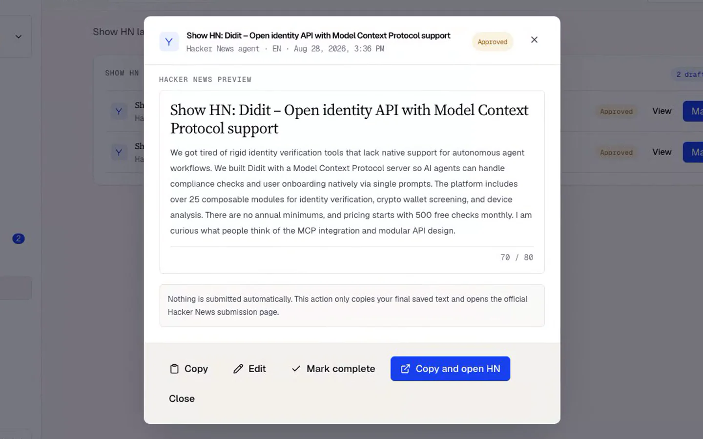The Show HN board for didit.me: a draft opened to its title and body preview, with the copy-and-open-HN action in frame