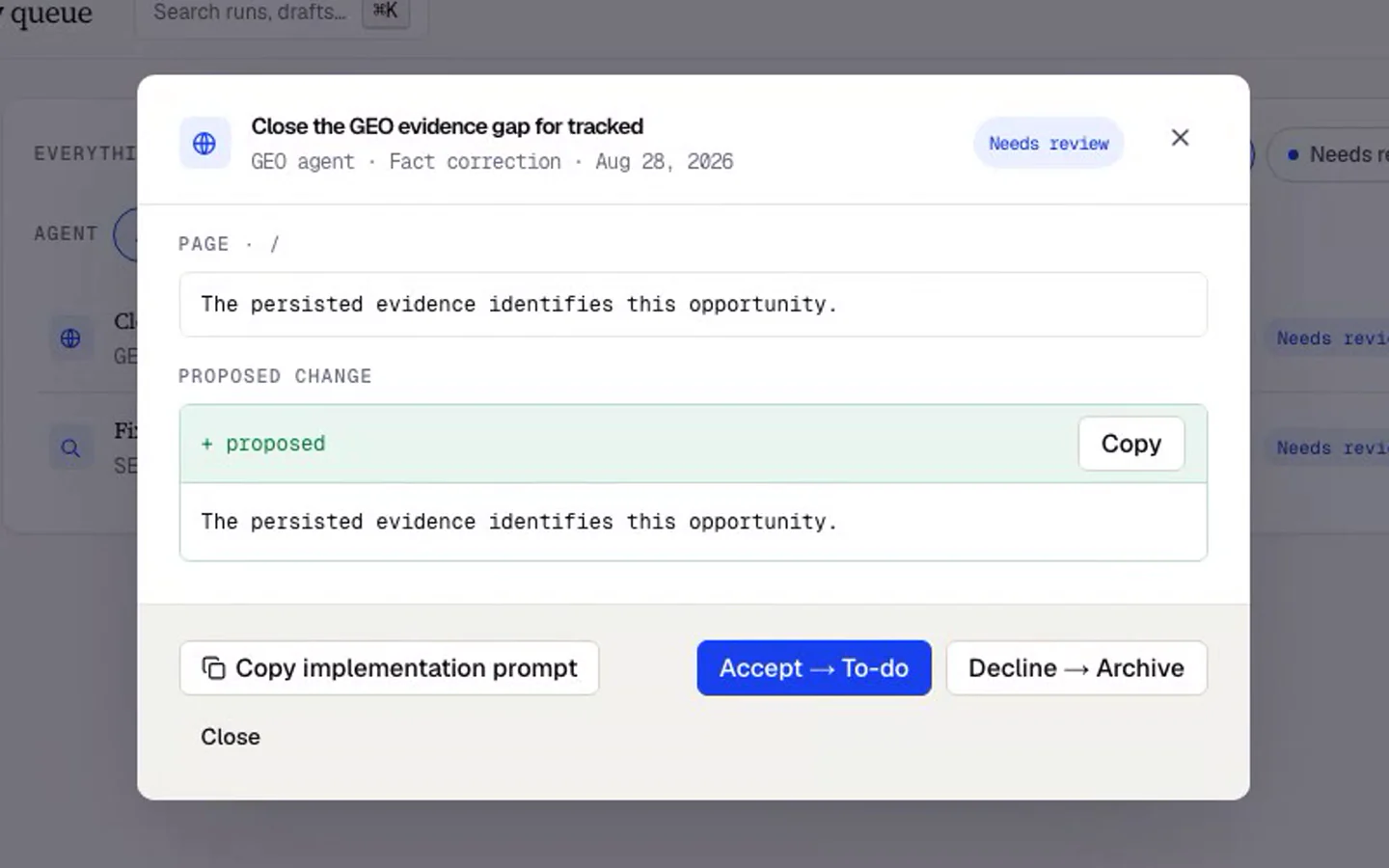 La file de validation ai-cmo.dev avec un élément ouvert sur ses preuves